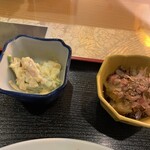 一福 - アスパラと卵のサラダ、茄子のお浸し。