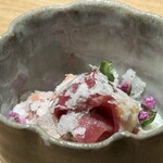 炭焼 おかげさん - 高坂鶏白肝、ハツ刺し淡雪塩　