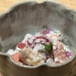 炭焼 おかげさん - 高坂鶏白肝、ハツ刺し淡雪塩　