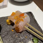 串揚げ･大阪料理 キュイジーヌ･ド･オオサカ - 五島あら刺とイクラとウニ・地鶏のカラスミ