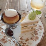 喫茶 tameiki - カスタードプリン550円、ラム酒 ラムレーズン添え＋30円、マスカットのショートケーキ890円、マスカットとジャスミンのティーソーダ720円 セット割▲50円✨️最高のぶどう合わせでした♪