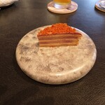 CORK - アミューズ=フォアグラのミルクレープ(焼きなす、 カシスソース、フォアグラ、クレープが何層にもなっていて 最上部はアーモンドのキャラメリゼ)