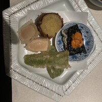 てん樹 北野坂店 - 海苔雲丹のせ、さつまいも、万願寺、ホタテ