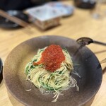 酒場COGAO - ◯筋子とおかひじきの冷製パスタ¥1,400
      …プチプチ食感の筋子と、
      シャキシャキ食感のオカヒジキ…
      絶妙な茹で加減のパスタ…
      筋子の塩味がまたいい塩梅で
      これはまさに…ワイン泥棒！(//∇//)