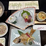 皆生菊乃家 - ノドグロの塩焼き、春雨入りの茶碗蒸し、赤だしのシジミの味噌汁等。