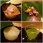 日本料理 十三蔵 - 柿の葉の下は大根のかつら剥きでした・・この繊細さが凄い！
      芋の葉の下のも氷が忍ばせて有りました。