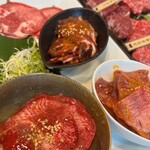 肉の割烹 田村  - 牛タン三昧　3480円　上タン、タンカルビ、タン先味噌、タン塩だれ　やや曖昧…