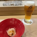 鮨 島本 - とりあえずビールと白身魚の南蛮漬け