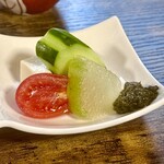 お食事処 だんらん日和 - 本日のランチ(\1,980)　前菜：季節野菜と豆富の大葉味噌添え