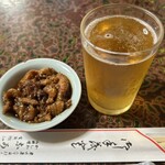 なか川 - 口取240円、ピリ辛でビールが進んでしょうがない、お代わりしてしまった。キリンビールは大瓶になる。770円