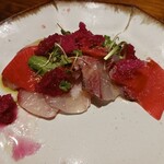 築地 BistroMasa - 活き〆カンパチのカルパッチョ　赤紫蘇