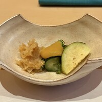 日本料理 山崎 - きくらげ酒粕味噌和え、きゅうりの酢味噌、水茄子