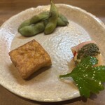 焼き鳥 のあみ - 突き出し　厚揚げ•茶豆•鶏ハムカプレーゼ