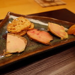 日本料理 銀座 大野 - 自家製フォアグラ三種の味 1,080円 2014.10.1x