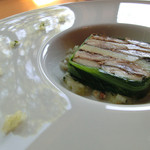 手打ち蕎麦とフレンチの やな木 - ＜2014年10月＞北海道産秋刀魚、エリンギ、キタアカリのテリーヌ、ペッパーソース