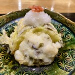 食堂こなん - 羹 蕨真薯 熊本赤茄子の揚げ出し 自家製唐墨添え