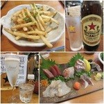 君想ふ暮らし - 再訪①アンチョビポテトフライ(ハーフ)￥280/お刺身(お一人用)￥680/サッポロラガー￥580/生スパークリングワインかち割り￥380