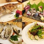再訪③のど黒炭火焼き￥1480/お刺身盛合せ大￥1280/生ガキ3個￥980/生だことズッキーニのカルパッチョ￥580