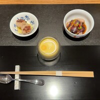 京 静華 - 辛子蓮根と帆立のすり身　冷製コーンスープ　茄子の中華風マリネ