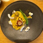 デトレゾン - 温かいひと皿（前菜）、ホタテとアオリイカ トウモロコシのソース添え