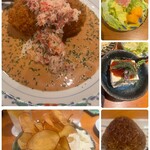 炭焼き 山鳥 - ⤴︎ カニコロッケ・つきだし・チーズ豆腐 ⤵ 薩摩芋チップスとマスカルポーネ・焼きむすび