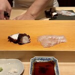 鮨 はしもと - お刺身：ヒラメ 岩手より、真蛸塩ゆで 佐島より