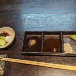 とんかつ comocchi - 本日のタレ3種(白ごまソース、梅柚子胡椒、すだち藻塩)