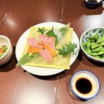 旬彩居酒屋 ねぎ - 枝豆、サワラの刺身、和牛すじポン酢