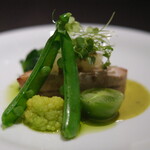 Élan - ランチコース 7865円 の北海道の羅臼のぶり 緑色の野菜 水晶文旦 マイクロクレソン