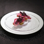 Élan - ランチコース 7865円 の勝浦のかつお 赤色の野菜 ビーツ アマランサス 赤しそ