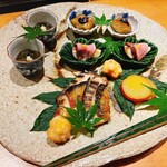御料理 ふじ田 - 京都のほそもずく 生姜  焼きナス赤味噌田楽
      いちじく鴨ロース マナガツオはさみ焼き
      トウモロコシしんじょう まるじゅう