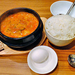 コッテジ - カキ入り豆腐チゲ ＆ ライス（大盛り）夕食時（２０１４年１０月）