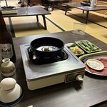 すき焼き キムラ - 自分で火をつけ、牛脂を置いてスタート