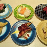 回転寿司やまと - 穴子　上中落ち　活貝3貫　いくら　とろメカジキ炙り　鰻