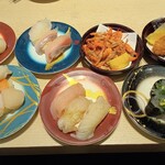 回転寿司やまと - 活貝3貫　鮮魚3貫　川海老唐揚げ　牡蠣フライ　生しらす　地魚3貫