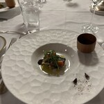 日光金谷ホテル - 秋刀魚のコンフィ　傍らの杉生地には、冷汁