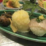 おおたに - 八寸：ばい貝の旨煮、じゃが芋のはりはり、鰯の手毬寿司。
