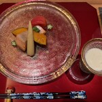 水織音の宿 山水荘 - 料理写真:アスパラすり流しとメープルサーモンと夏野菜の焼き浸し