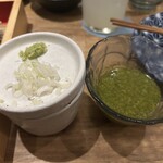 莉々庵 - 蕎麦のつけ汁で、もりつゆ（250円）とジェノベーゼ（660円）