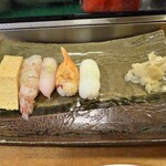 鮨処藤 - ⒉はた ⒌花えび ⒍玉子焼 ⒎青柳 ⒏新烏賊