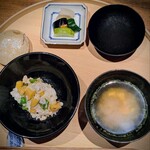 温石 - ご飯は、鱧のそぼろと栗、甘長唐辛子。秋のご飯が嬉しい。