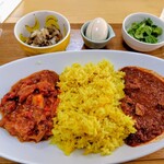 サファリカレーショップ 中野店 - 左がトマトマ。右がドロワット。奥左よりセットのビーンズサラダ、茹でたまご。追加のパクチー。