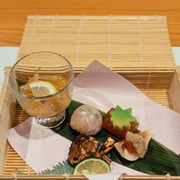 魚と炭と鉄板と ととと - 鯵の南蛮漬け•手毬寿司•焼き松茸•紅葉麩にトマトのワインゼリー乗せ•イチジクのごま和え