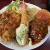 洋食 夢たまご - Ａランチ：ハンバーグ,チキンカツ,カニクリームコロッケ,エビフライ,キャベツ大盛,スパゲティ大盛