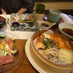 恵比寿亭 - わがまんま①（海鮮サラダ_野菜海老蒸し_太刀魚棒寿司）
