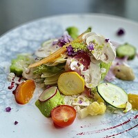 BURDIGALA MARUNOUCHI The Restaurant - 旬野菜の美食サラダ 塩麹のヴィネグレット。マッシュルーム・ズッキーニ・オクラなど生で。食感良くいただけるフレッシュな野菜たちは塩麹のソースが素材の持ち味を引き立てています。