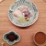 日本料理 新茶家 - お造り　平目、鯵、ホタテ　