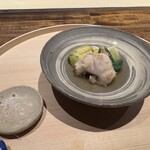 温石 - ◆焚き合わせ
      焼津　ヒゲダラの衣揚げ
      地物の焼き茄子　オクラ