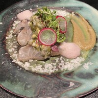 薪炭まだら - 平鯵 モロヘイヤ 水ナス 
                     韓国ズッキーニ 鮎肝（鮎の肝を使ったバーニャカウダソース）