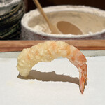 天ぷら 元吉 - 車海老 1本目
      元吉さんの車海老1本目は、敢えて背中を丸くした状態で揚げての提供！
      塩を付けずとも海老の甘みが豊かに感じられます！